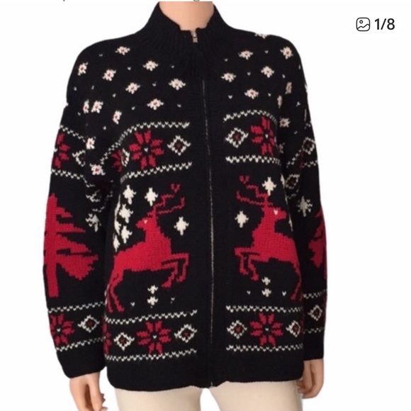 Lauren Ralph Lauren Hand Knit Wool Fair Isle Reindeer Zip Cardigan Sweater